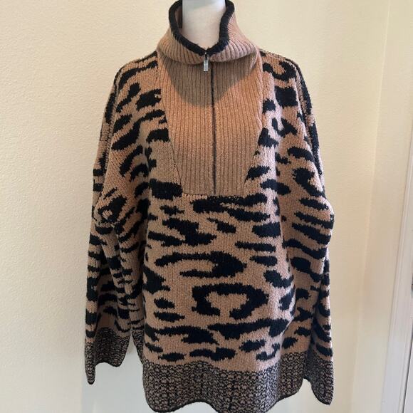 NWT Aqua Bloomingdales Sweater 1/2 Zip Leopard Sweater SZXXL Brown Black - Picture 1 of 11
